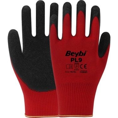 Beybi PL9 Polyester Örme Lateks Kaplı Kırmızı Siyah Eldiven No:9