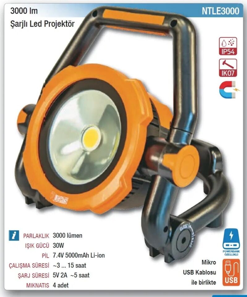 Lights NTLE3000 Lumel Şarjlı Led Projektör 30Watt 3000 Lümen