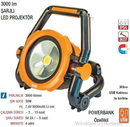 Lights NTLE3000 Lumel Şarjlı Led Projektör 30Watt 3000 Lümen