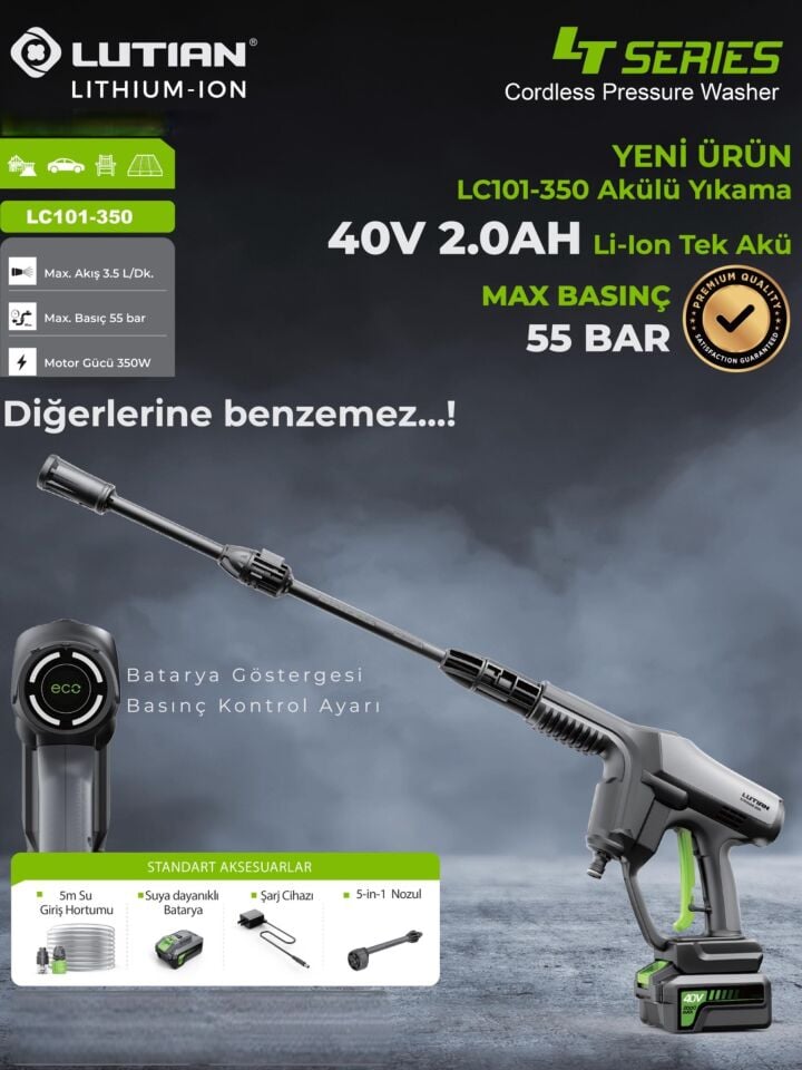 Lutian LC101-350 55 Bar Kömürsüz Akülü Basınçlı Yıkama Tabancası 40V 2.0Ah