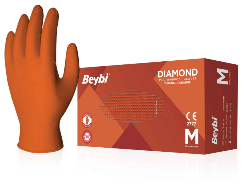 Beybi Diamond Turuncu Nitril Muayene Eldiveni Pudrasız (XL) 100 lü