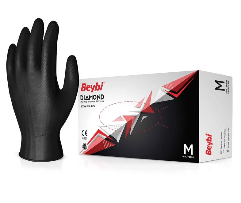 Beybi Diamond Siyah Nitril Muayene Eldiveni Pudrasız (XL) 100 lü