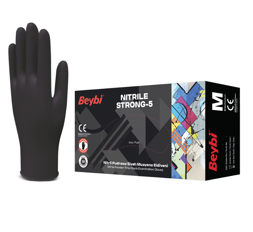 Beybi Strong Siyah Nitril Muayene Eldiveni Pudrasız (L) 100 lü