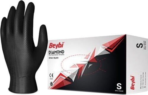 Beybi Diamond Siyah Nitril Muayene Eldiveni Pudrasız (M) 100 lü