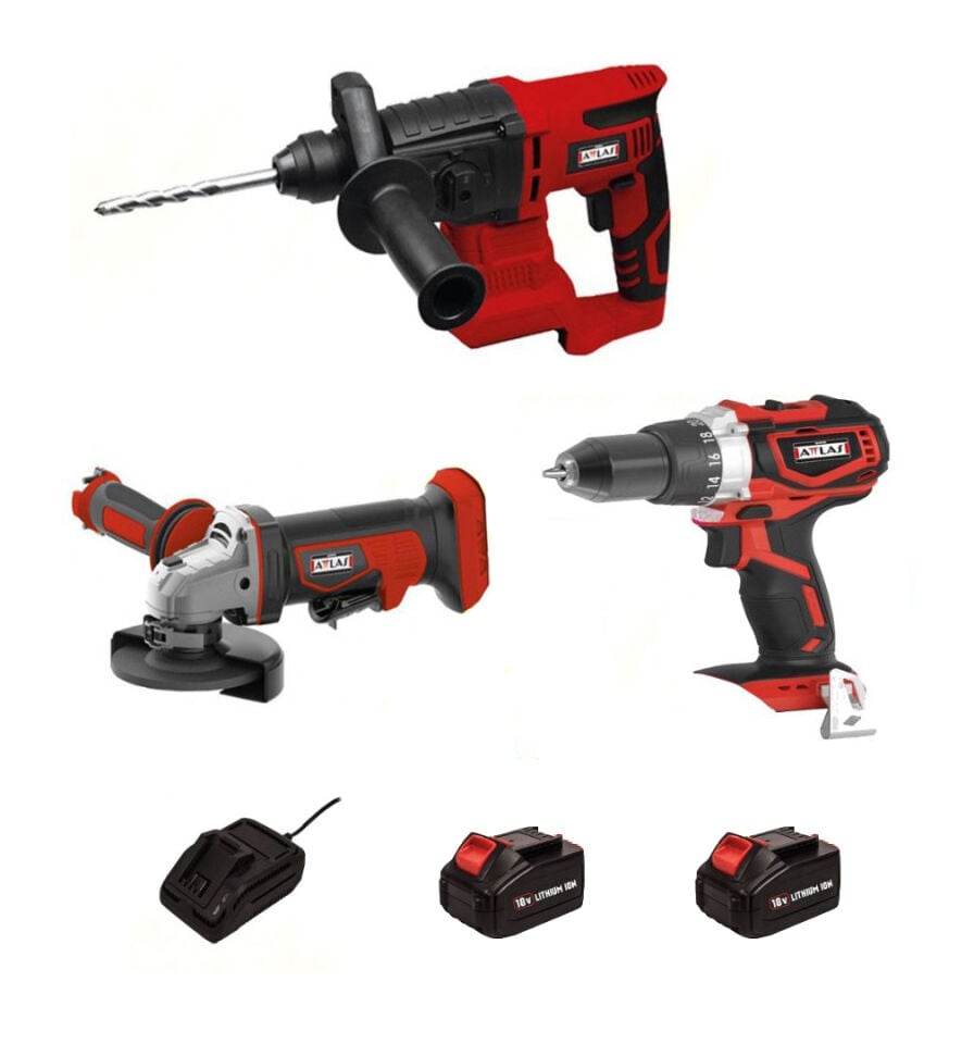 Attlas 3'Lü  Makina 2 Akülü Set 18V 4.0Ah ( Kömürsüz Darb. Matkap + Kömürsüz Avuç Taşlama Makinesi + Kırıcı Delici )