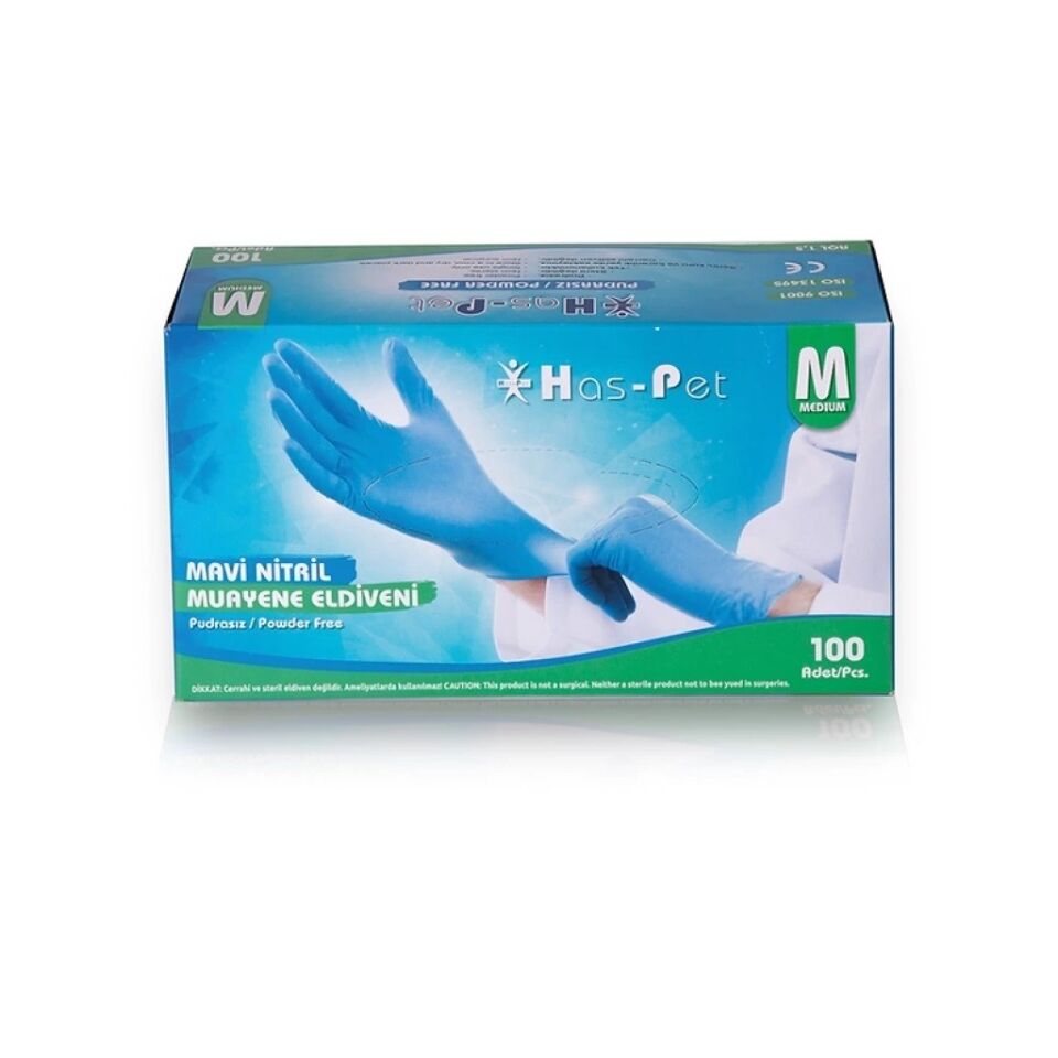 Has-Pet Mavi Nitril Muayene Eldiven Pudrasız (M) 100'lü