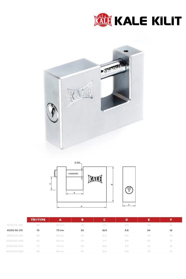 Kale Asma Kilit Kayar Milli Pirinç Saten 70mm