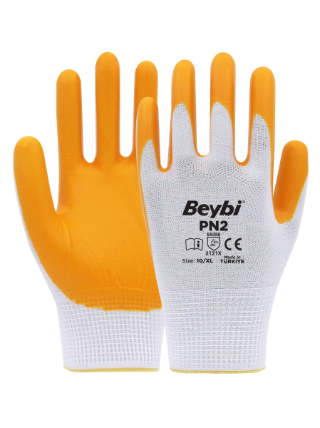 Beybi Pn-2 Poly Astarlı Nitril Sarı-Beyaz Eldiven No:9
