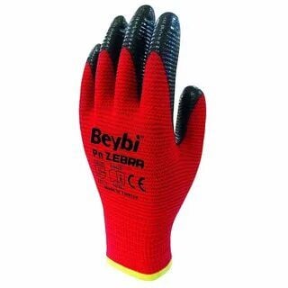 Beybi Pn Zebra Polyester Kırmızı-Siyah Astarlı Nitril Eldiven No:9
