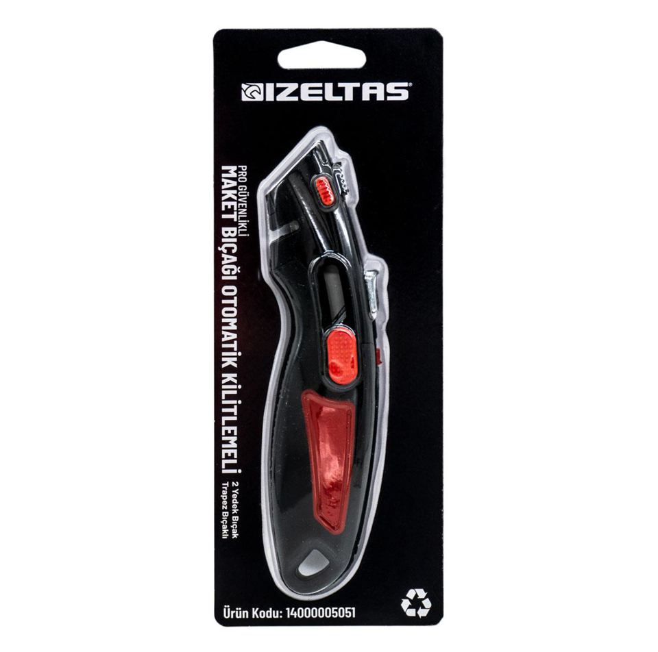 İzeltaş Pro Güvenlikli Otomatik Kilitlemeli Trapez Maket Bıçağı (2 Yedek Bıçaklı)