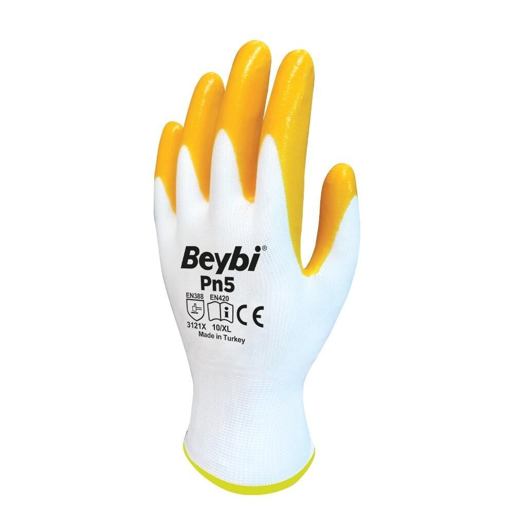 Beybi Pn-5 Polyester Nitril Eldiven Sarı-Beyaz No:10