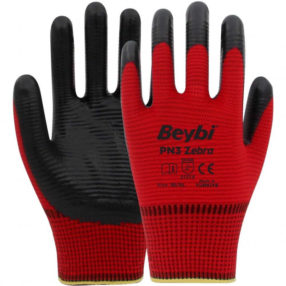 Beybi Pn-3 Zebra Polyester Kırmızı-Siyah Astarlı Nitril Eldiven NO:9