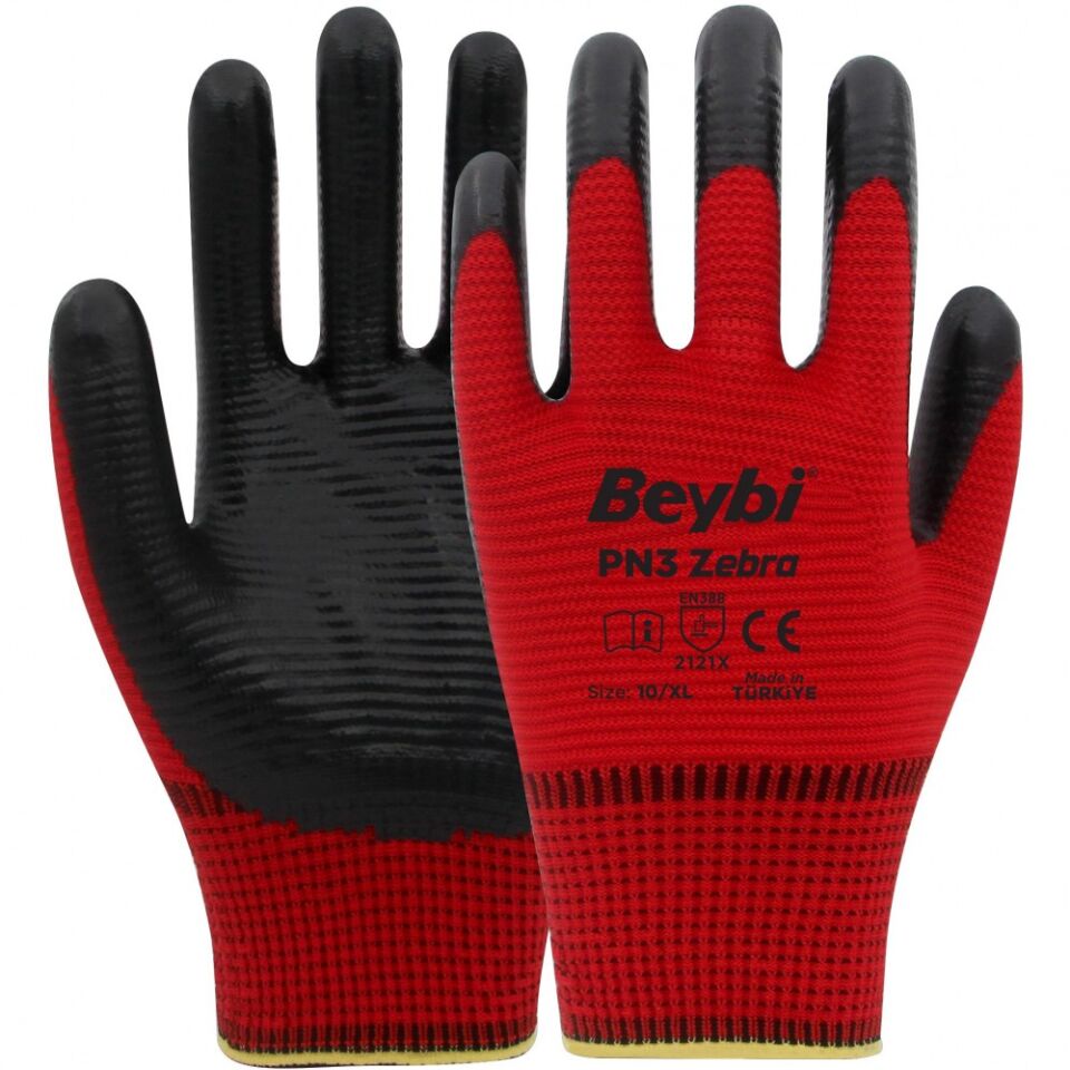Beybi Pn-3 Zebra Polyester Kırmızı-Siyah Astarlı Nitril Eldiven NO:9