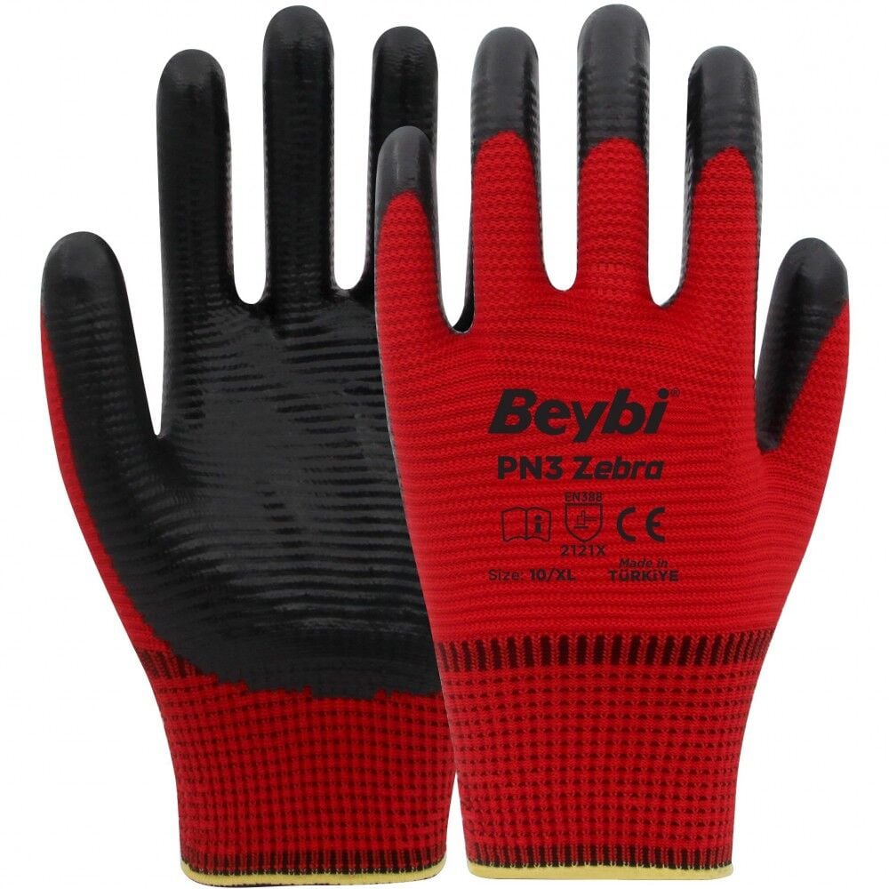 Beybi Pn-3 Zebra Polyester Kırmızı-Siyah Astarlı Nitril Eldiven NO:10