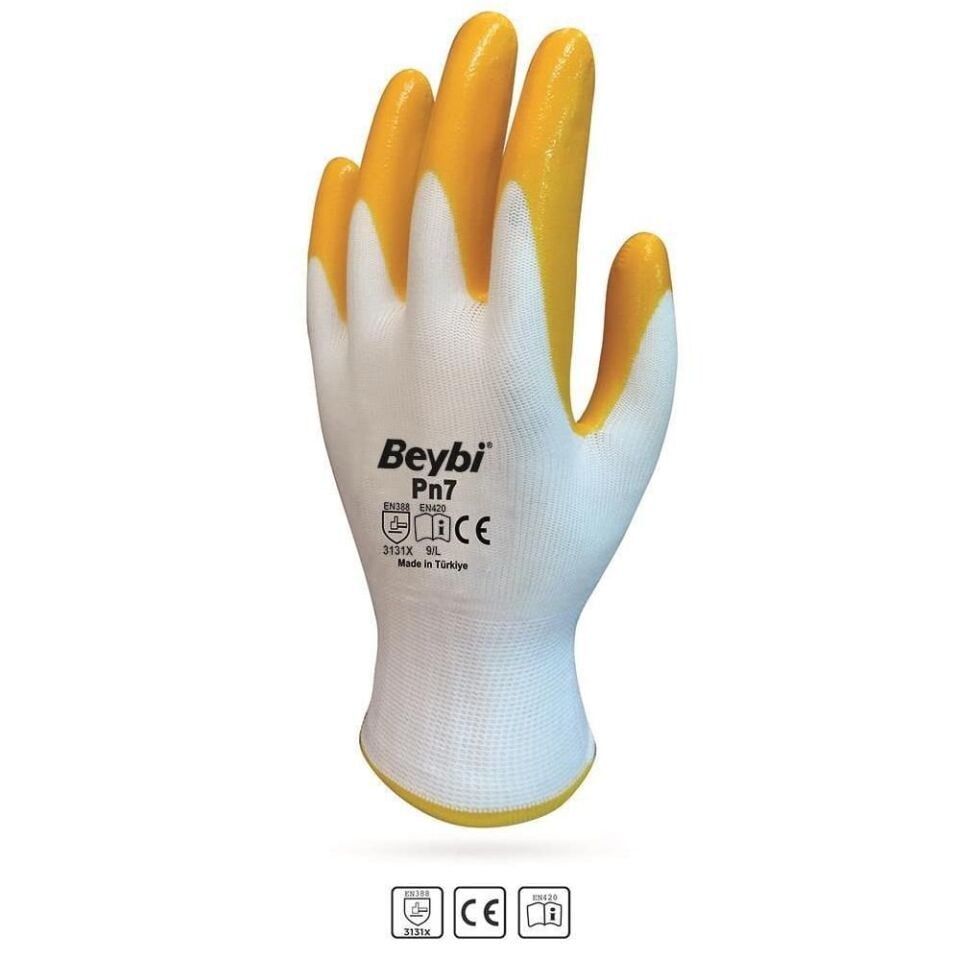 Beybi Pn-7 Polyester Nitril Eldiven Sarı No:9