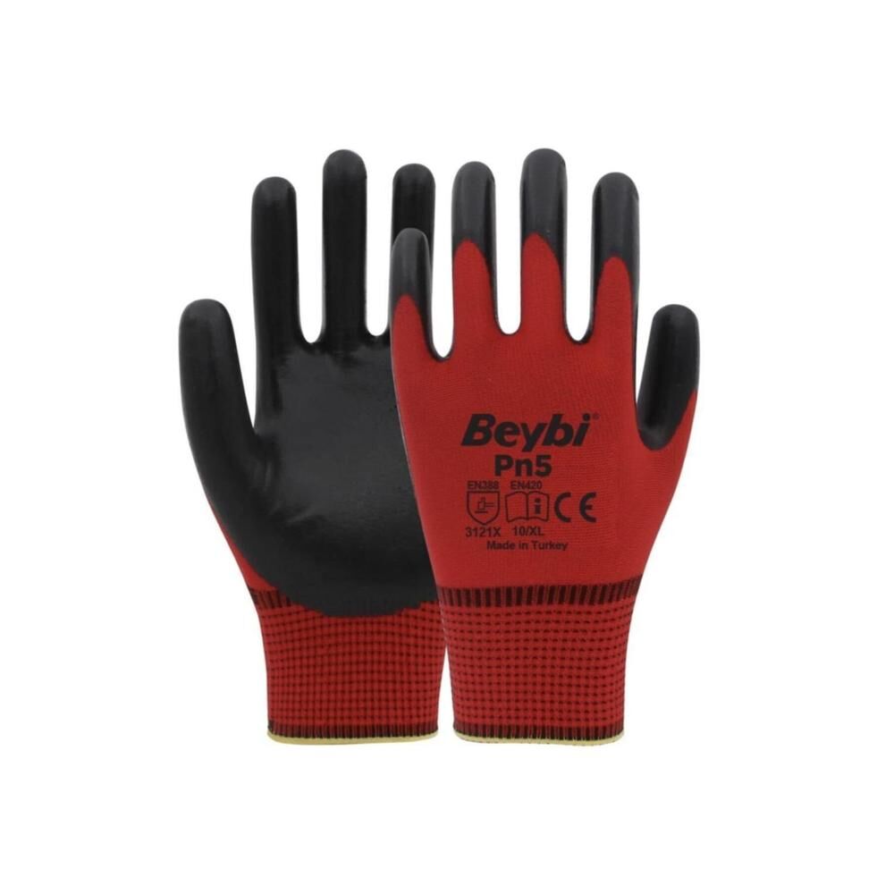 Beybi Pn-5 Polyester Nitril Eldiven Kırmızı/Siyah No:9