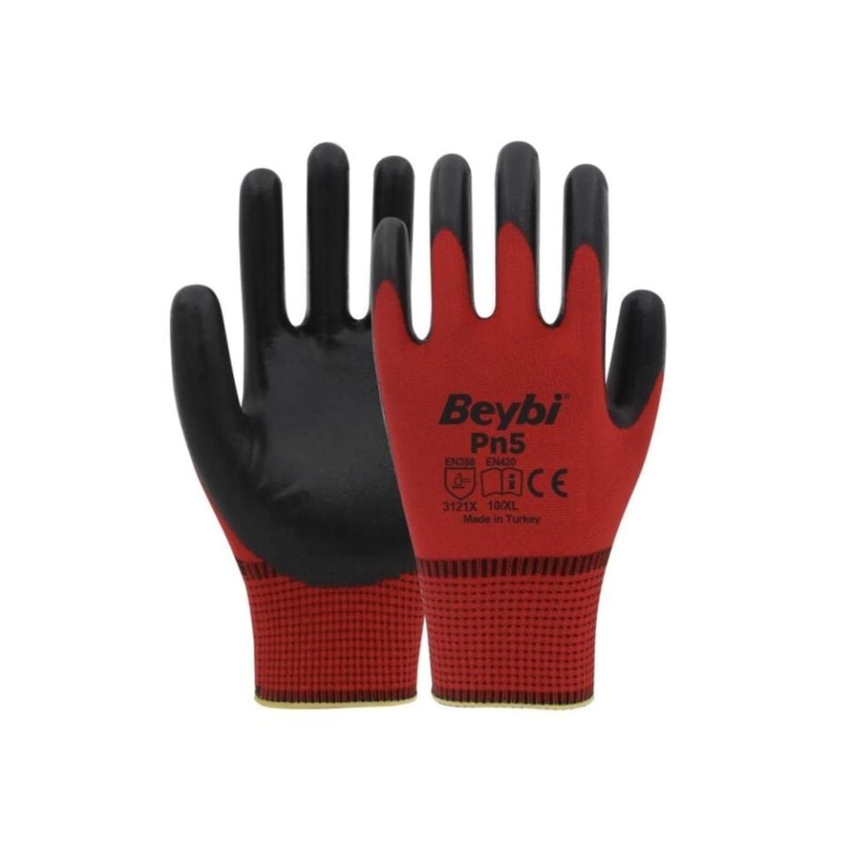 Beybi Pn-5 Polyester Nitril Eldiven Kırmızı/Siyah No:10