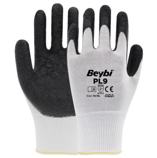 Beybi PL9 Polyester Örme Lateks Kaplı Beyaz Siyah Eldiven No:10