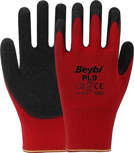 Beybi PL9 Polyester Örme Lateks Kaplı Kırmızı Siyah Eldiven No:10
