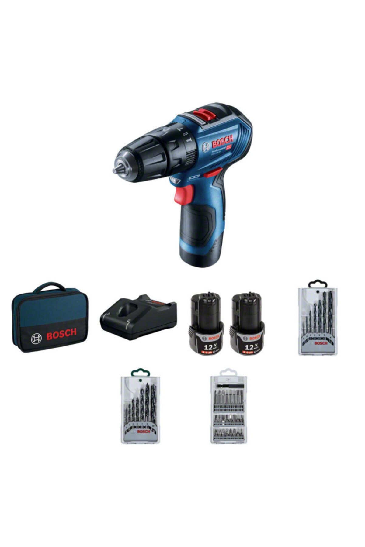 Bosch Gsb 12V-30 Akülü Darbeli Delme Vidalama Makinası 12V 2Ah 17/30Nm + 39 Parça Vidalama Seti