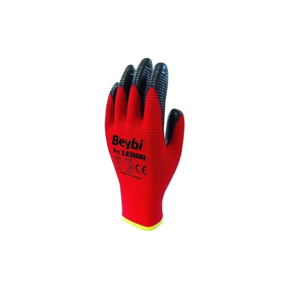 Beybi PN Zebra Polyester Kırmızı-Siyah Astarlı Nitril Eldiven No:10