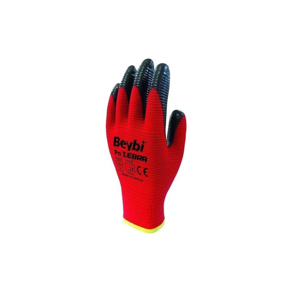 Beybi PN Zebra Polyester Kırmızı-Siyah Astarlı Nitril Eldiven No:10