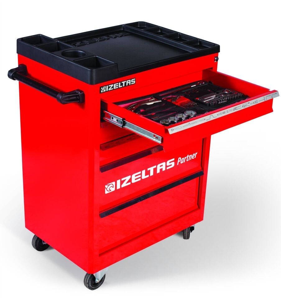 İzeltaş 5 Çekmeceli Kırmızı Mobil Takım Dolabı (Dolu-118 Parça)