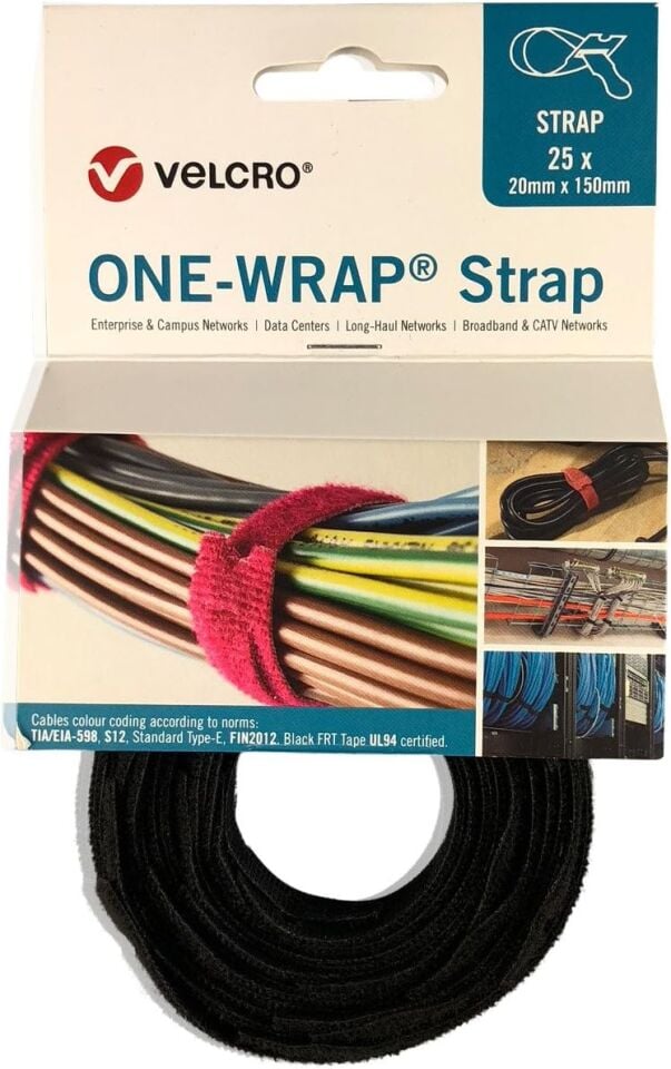 Velcro One-Wrap Kayışlı ve Cırtlı Siyah Kablo Bağı 13x200mm 25'li